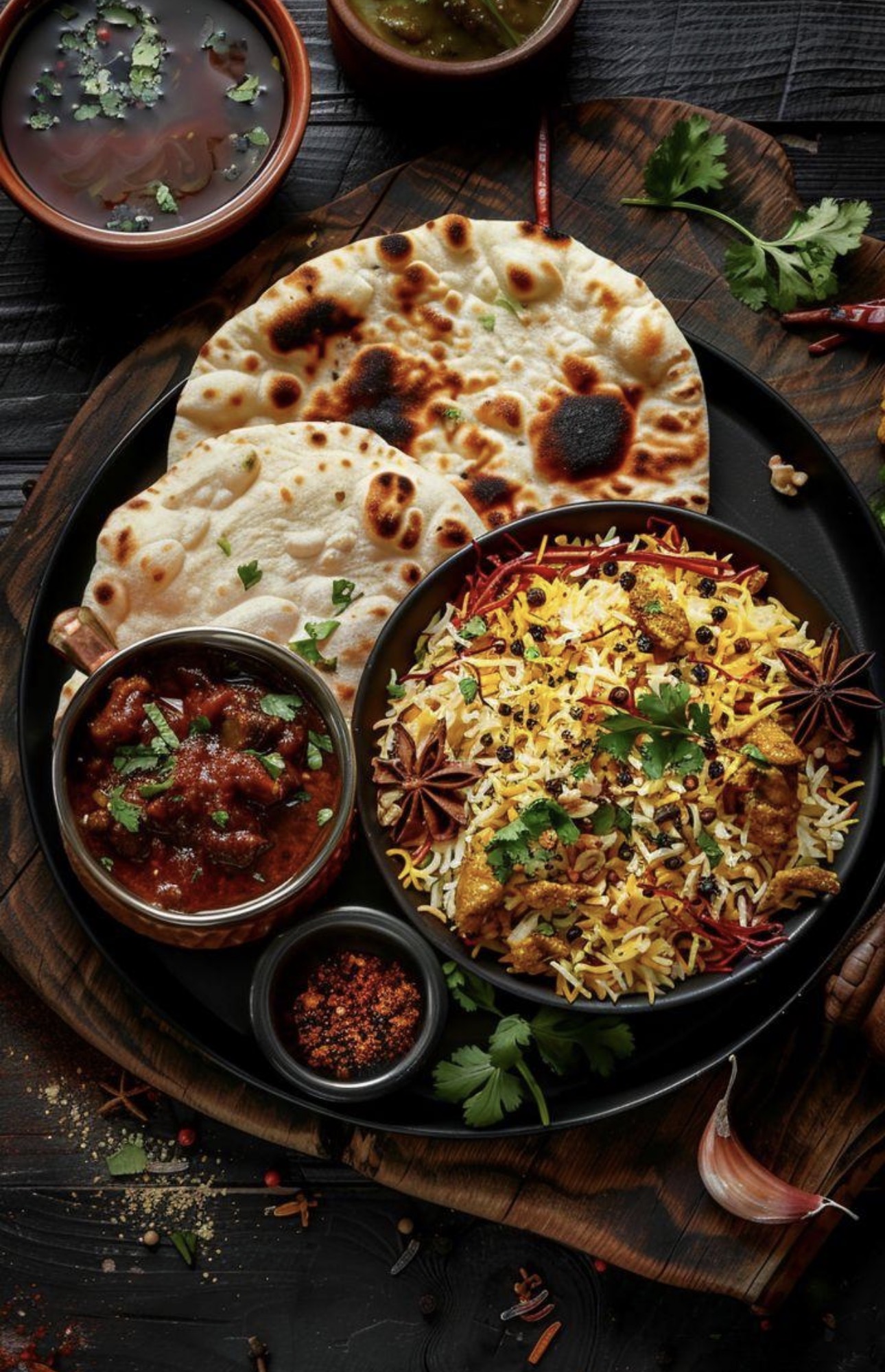 Indian butter chicken with naan and rice